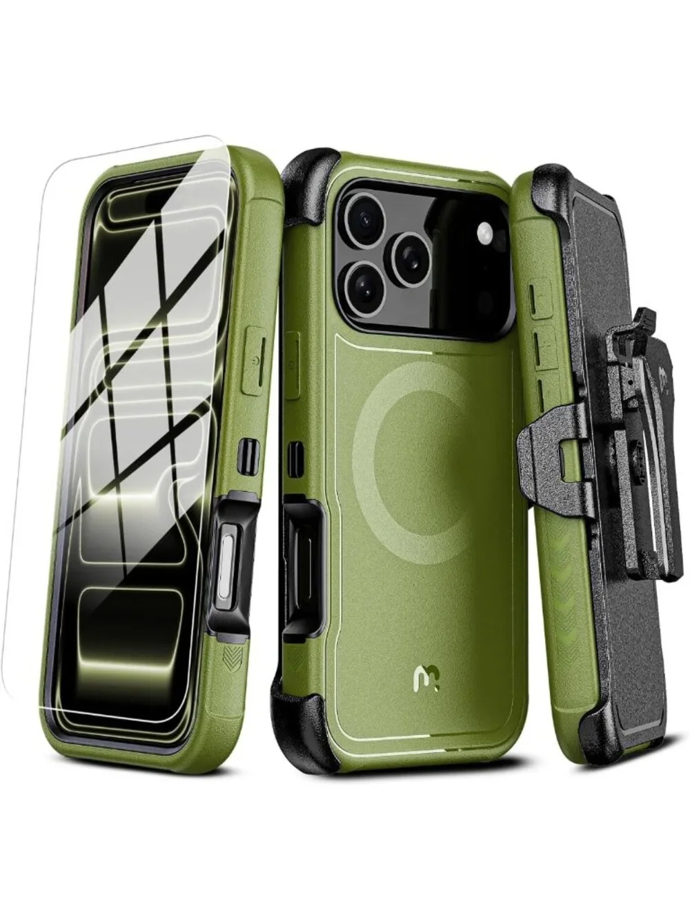 Army Green iPhone 17 Pro Max Case with Belt Clip, 360° Kickstand & Screen